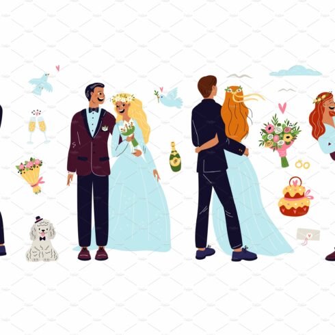 Cartoon wedding couples characters cover image.