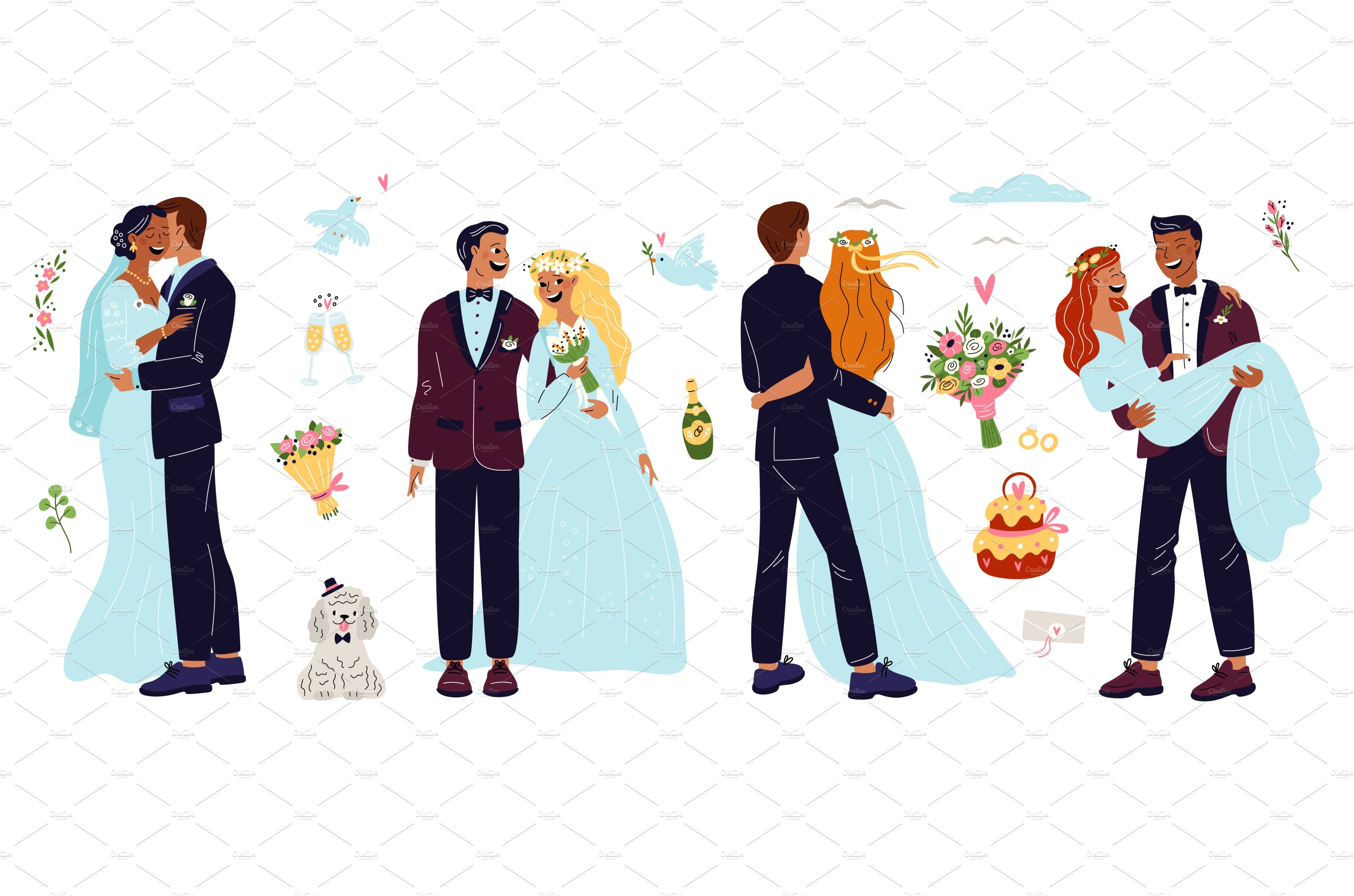 Cartoon wedding couples characters cover image.