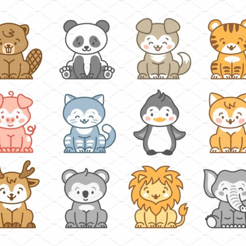 Kawaii zoo animals. Isolated lion cover image.