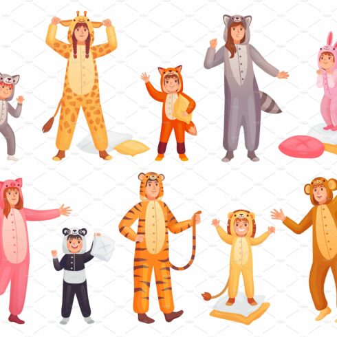 Animal pajamas. People in funny cover image.