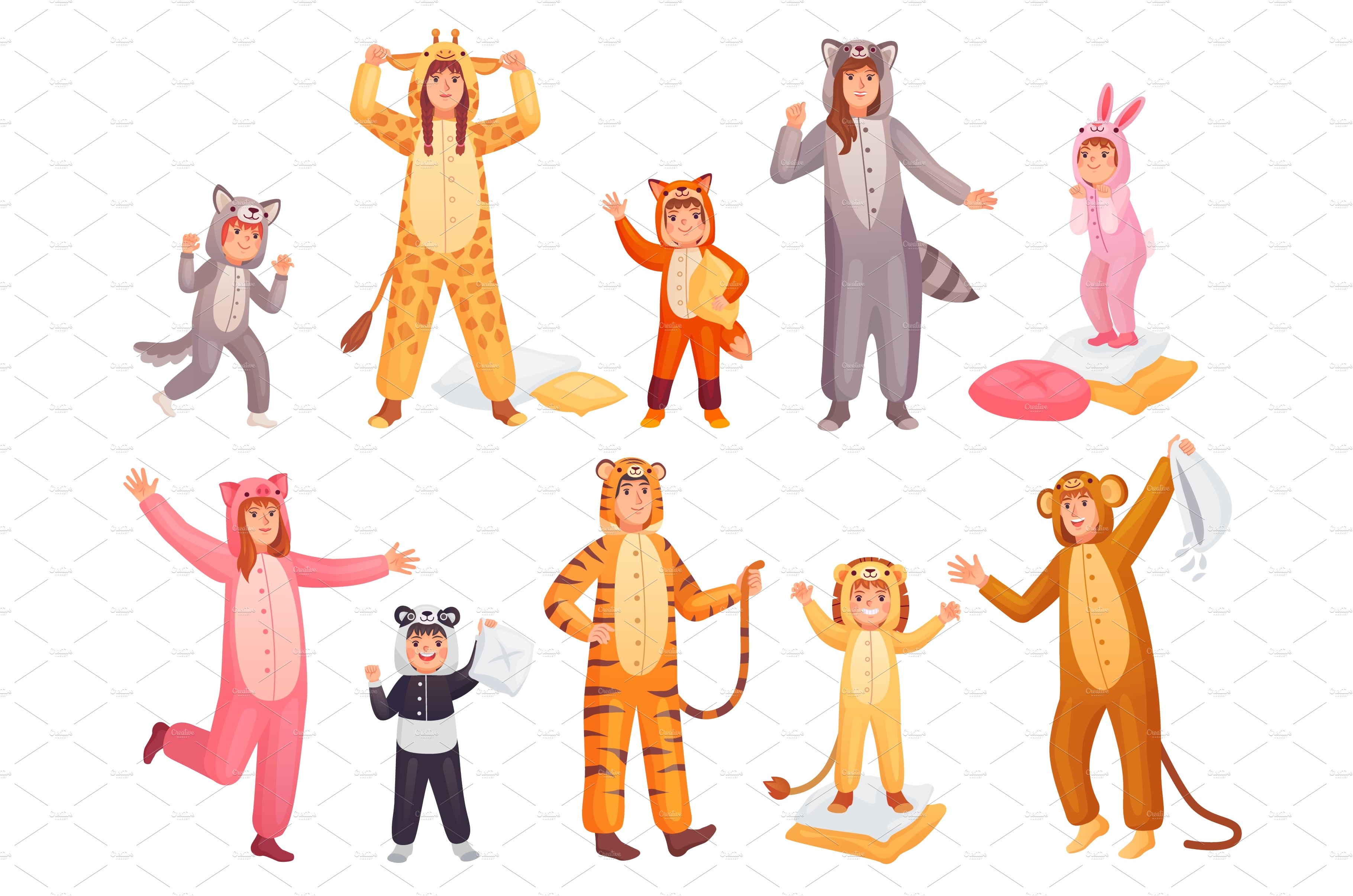 Animal pajamas. People in funny cover image.