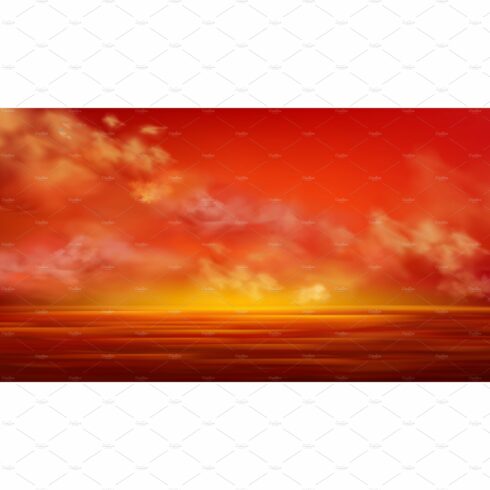 Sunset sky in sea, red clouds flying cover image.