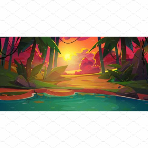 Sunset tropical jungle forest lake cover image.