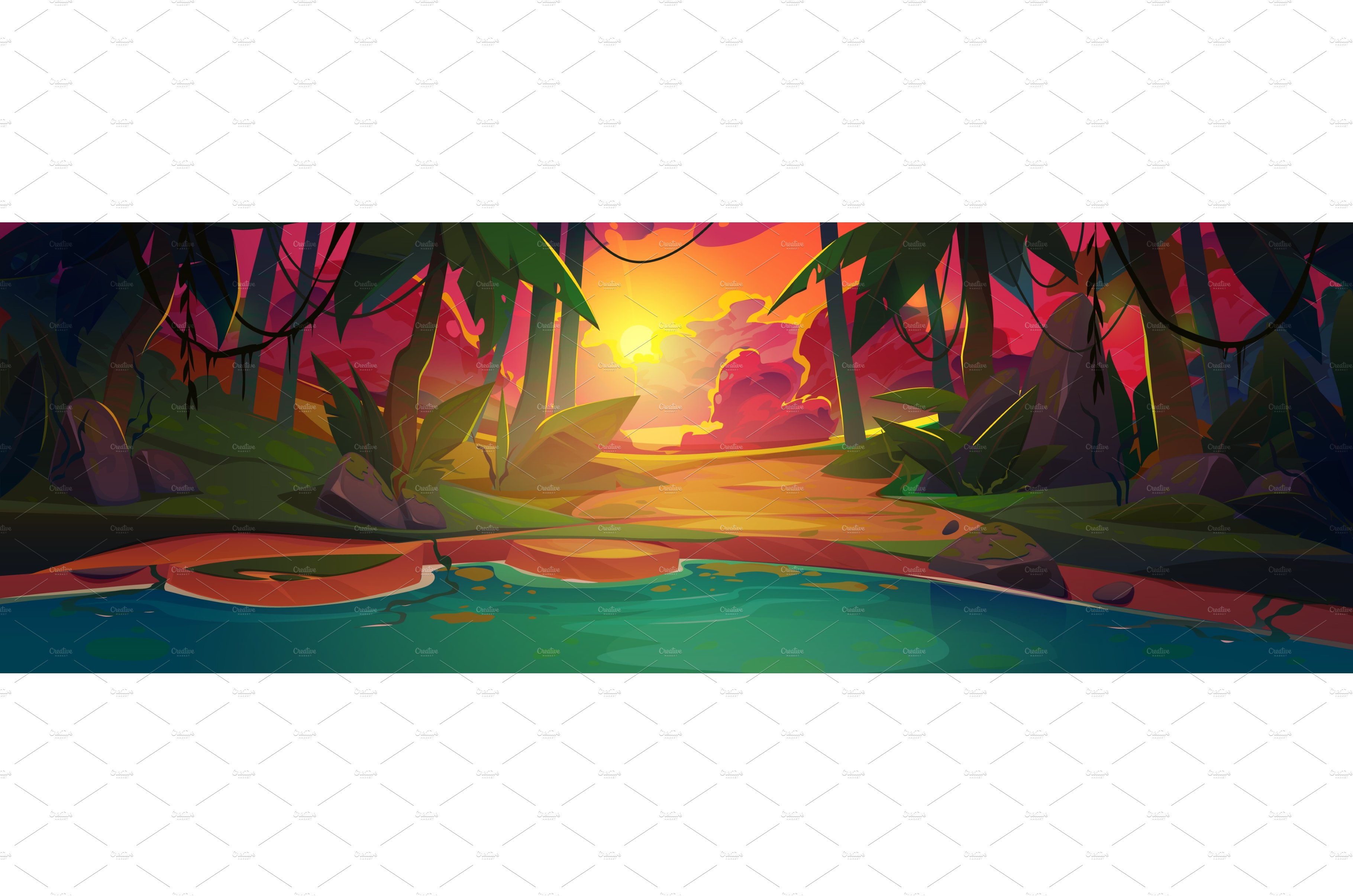 Sunset tropical jungle forest lake cover image.