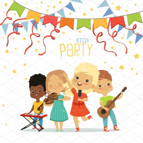 Kids party. children band playing on cover image.