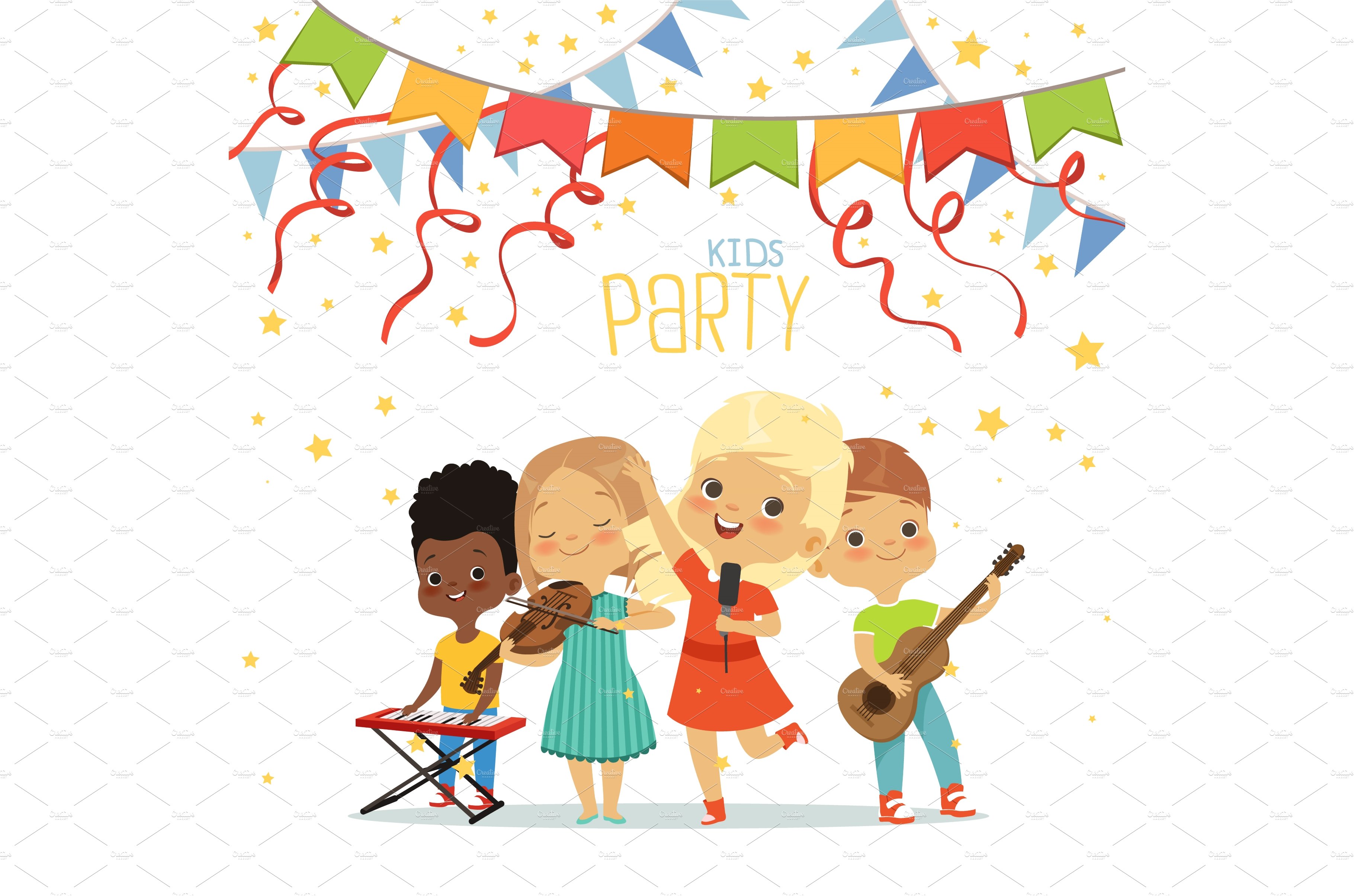 Kids party. children band playing on cover image.