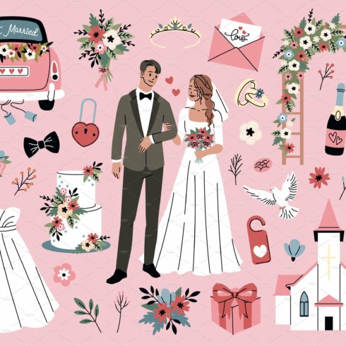 Cartoon wedding elements. Romantic cover image.