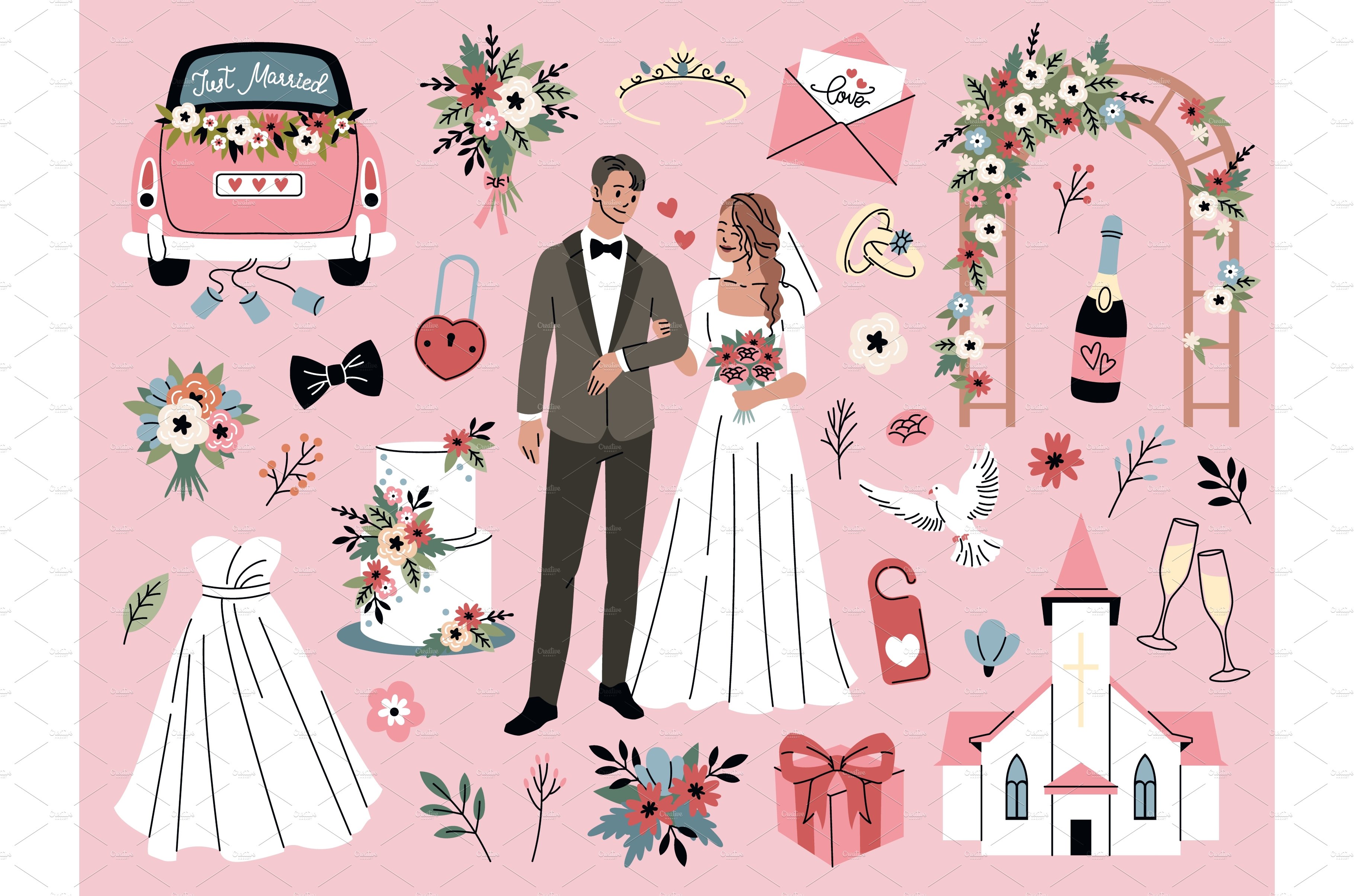 Cartoon wedding elements. Romantic cover image.