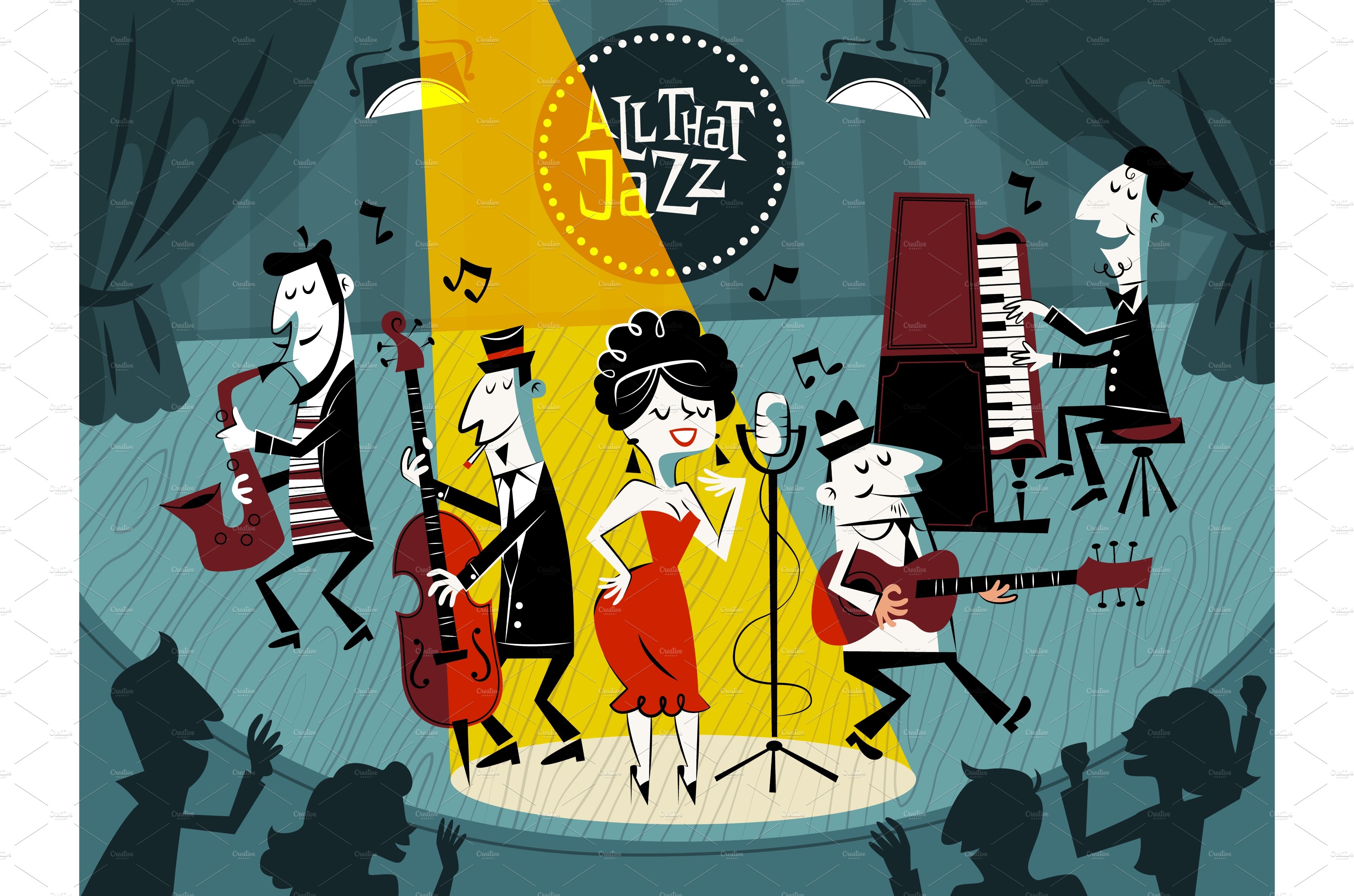 Cartoon jazz concert. Music festival cover image.