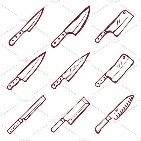 Set of nine kitchen knives vector cover image.