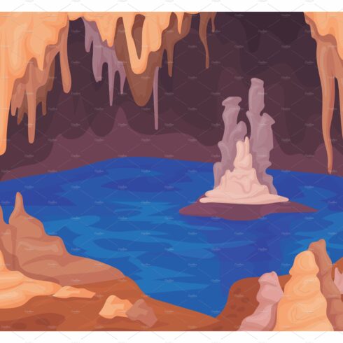 Stalagmite cave. Dark cavern inside cover image.