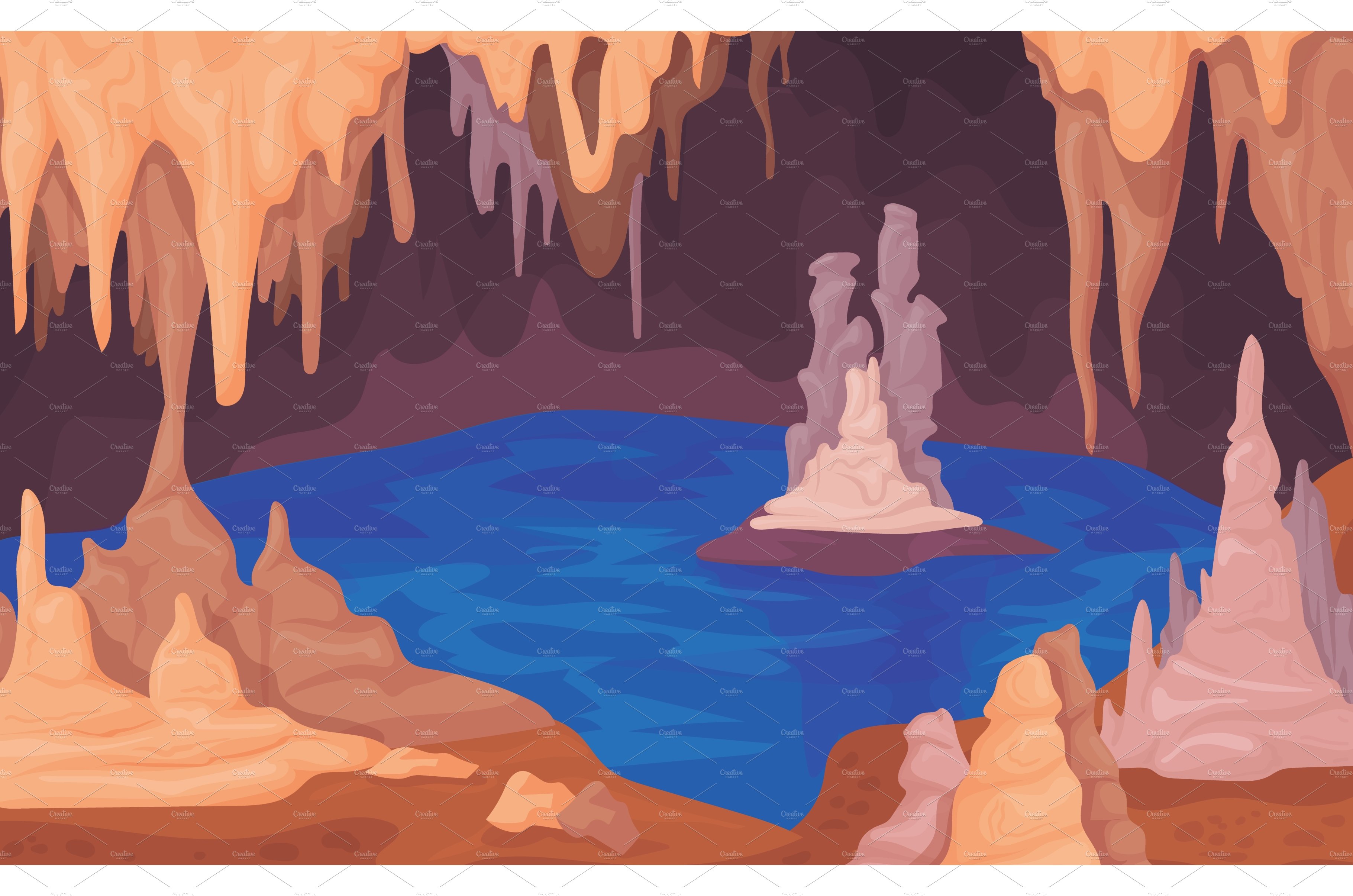Stalagmite cave. Dark cavern inside cover image.