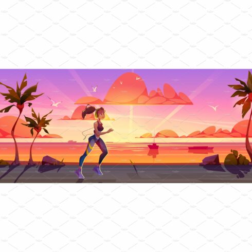 Woman run on palm road at sunset cover image.