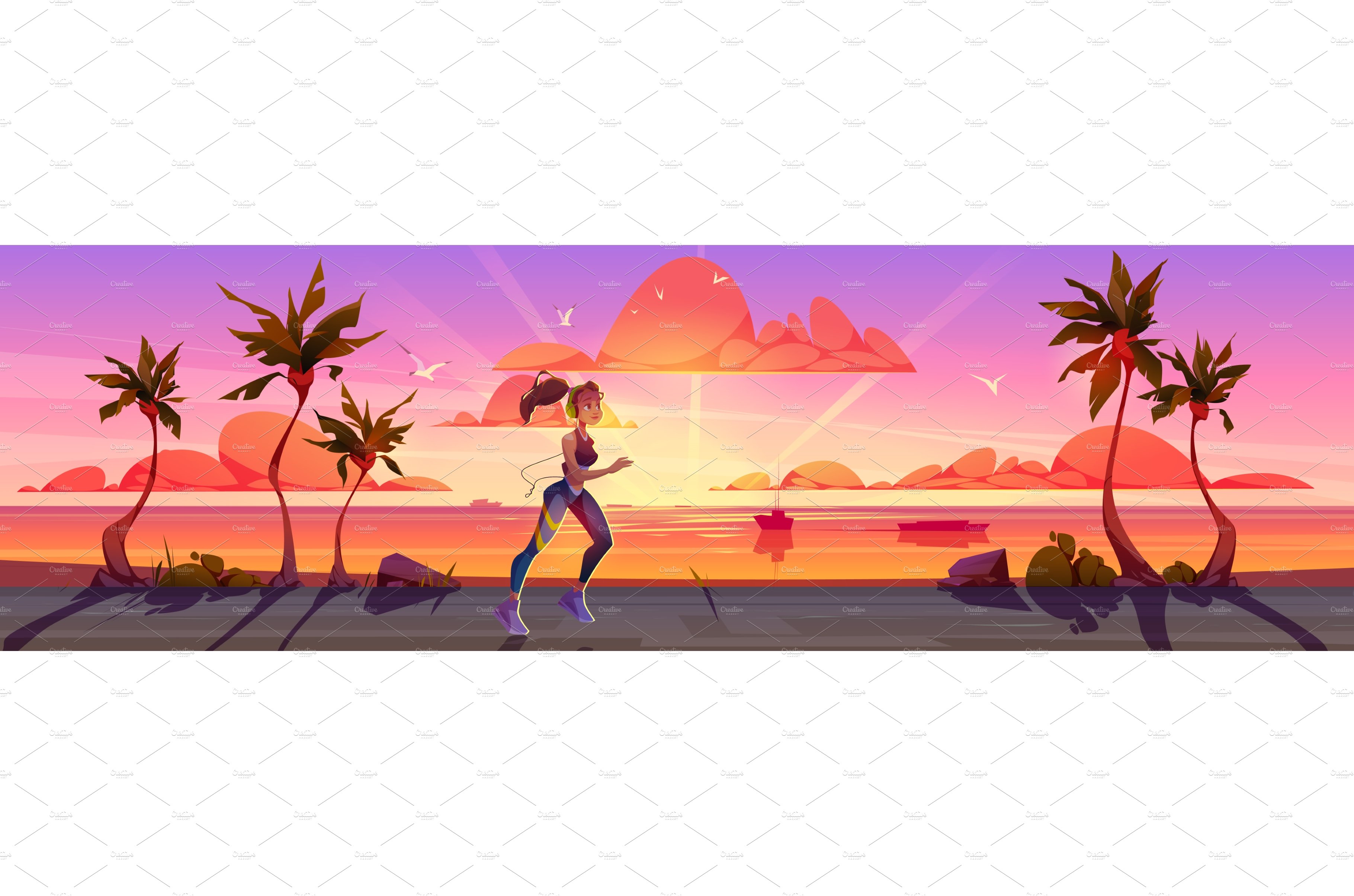 Woman run on palm road at sunset cover image.