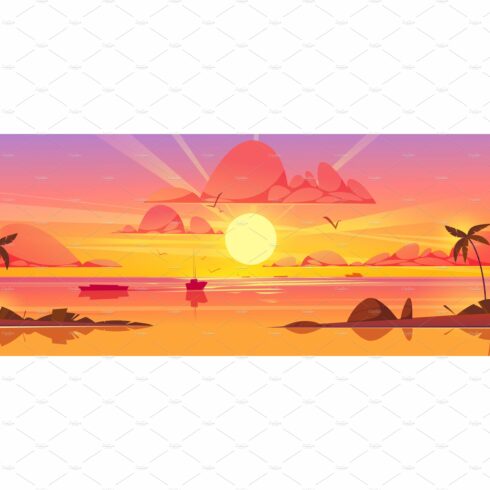 Sea sunset background. Palm on cover image.