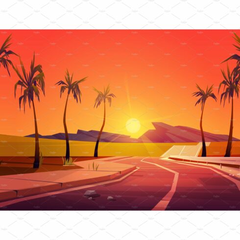 Empty asphalt road with palm trees cover image.