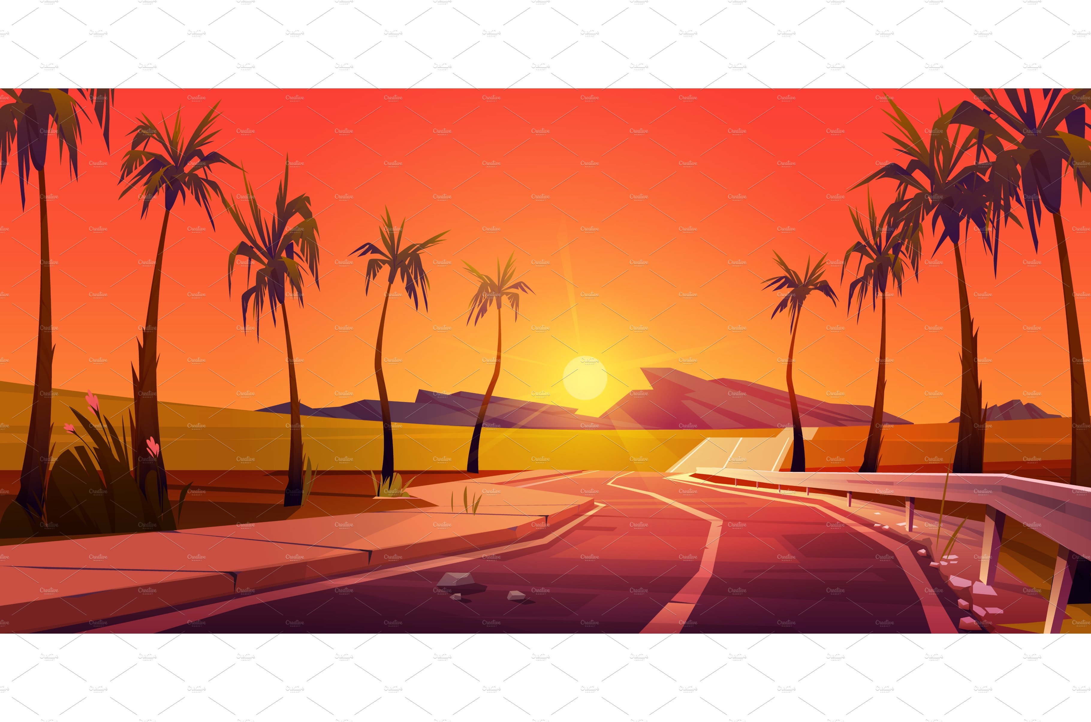 Empty asphalt road with palm trees cover image.