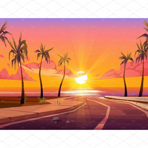 Sunset tropical background with palm cover image.