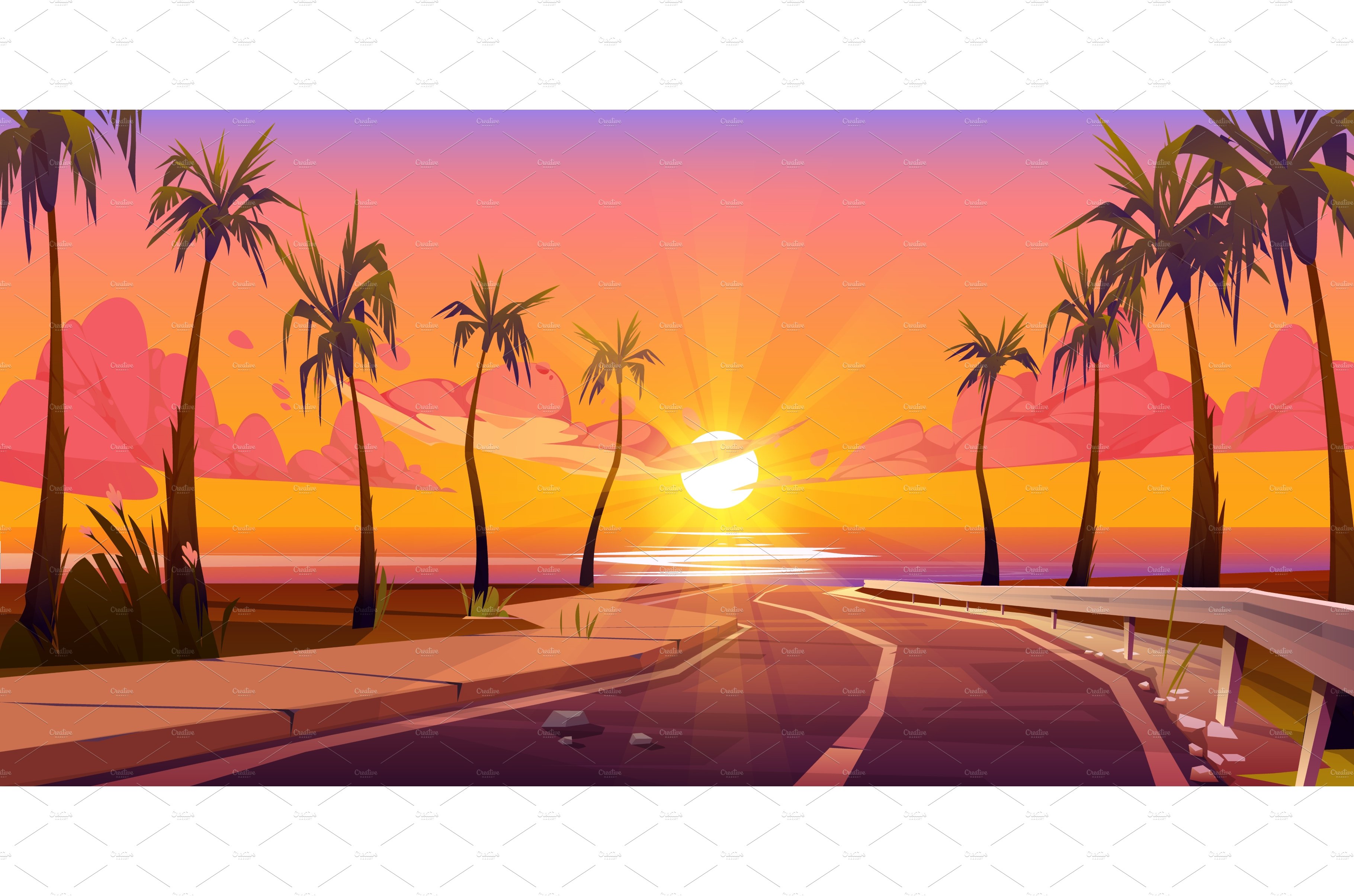 Sunset tropical background with palm cover image.