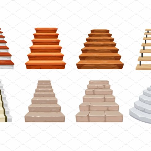 Cartoon stairs. Wooden and stone cover image.
