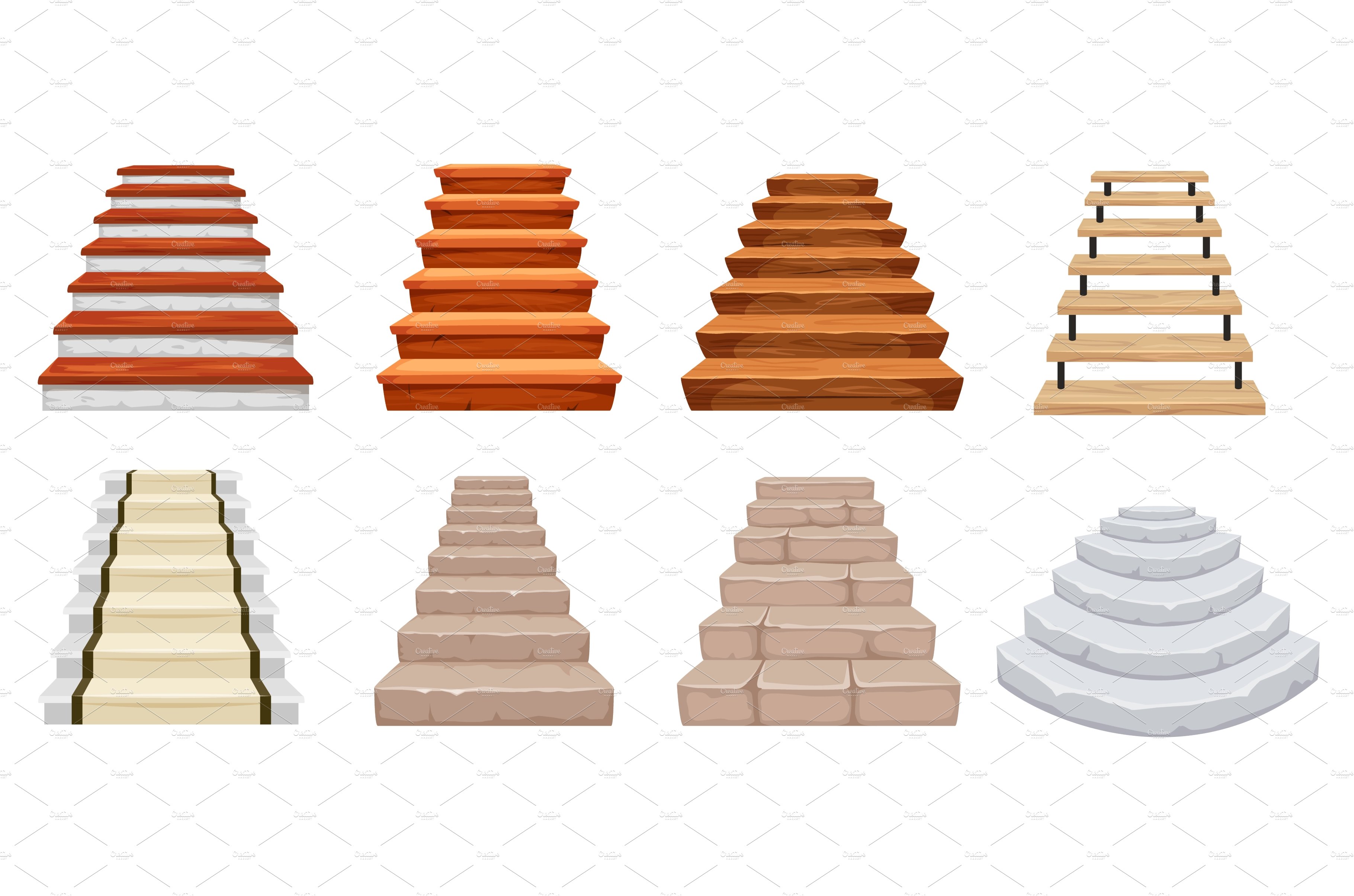 Cartoon stairs. Wooden and stone cover image.