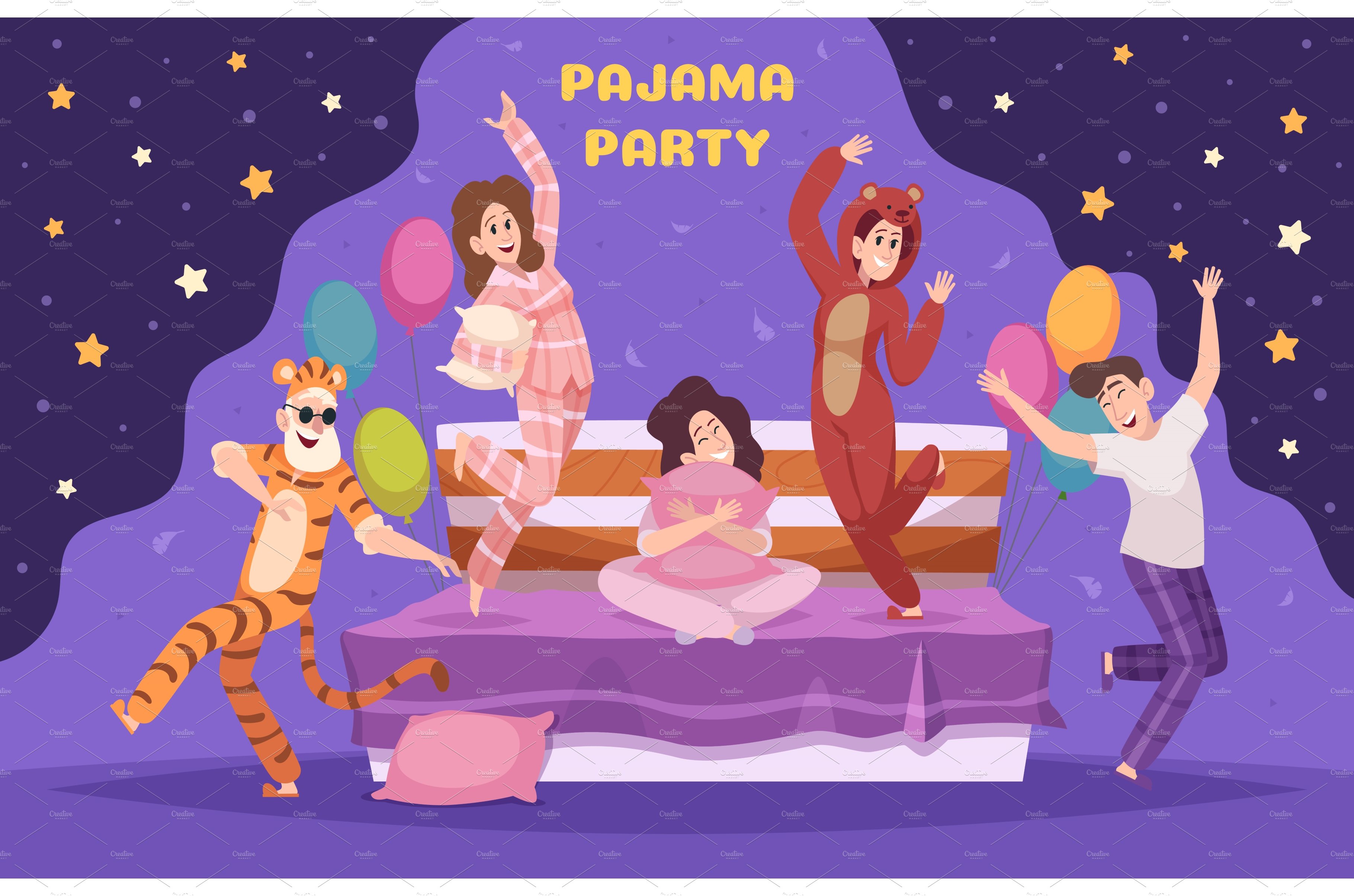 Pajamas party. Cartoon background cover image.