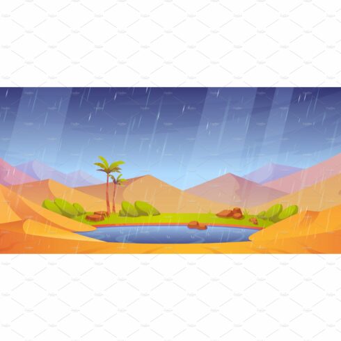 Rain in sandy desert with dunes and cover image.