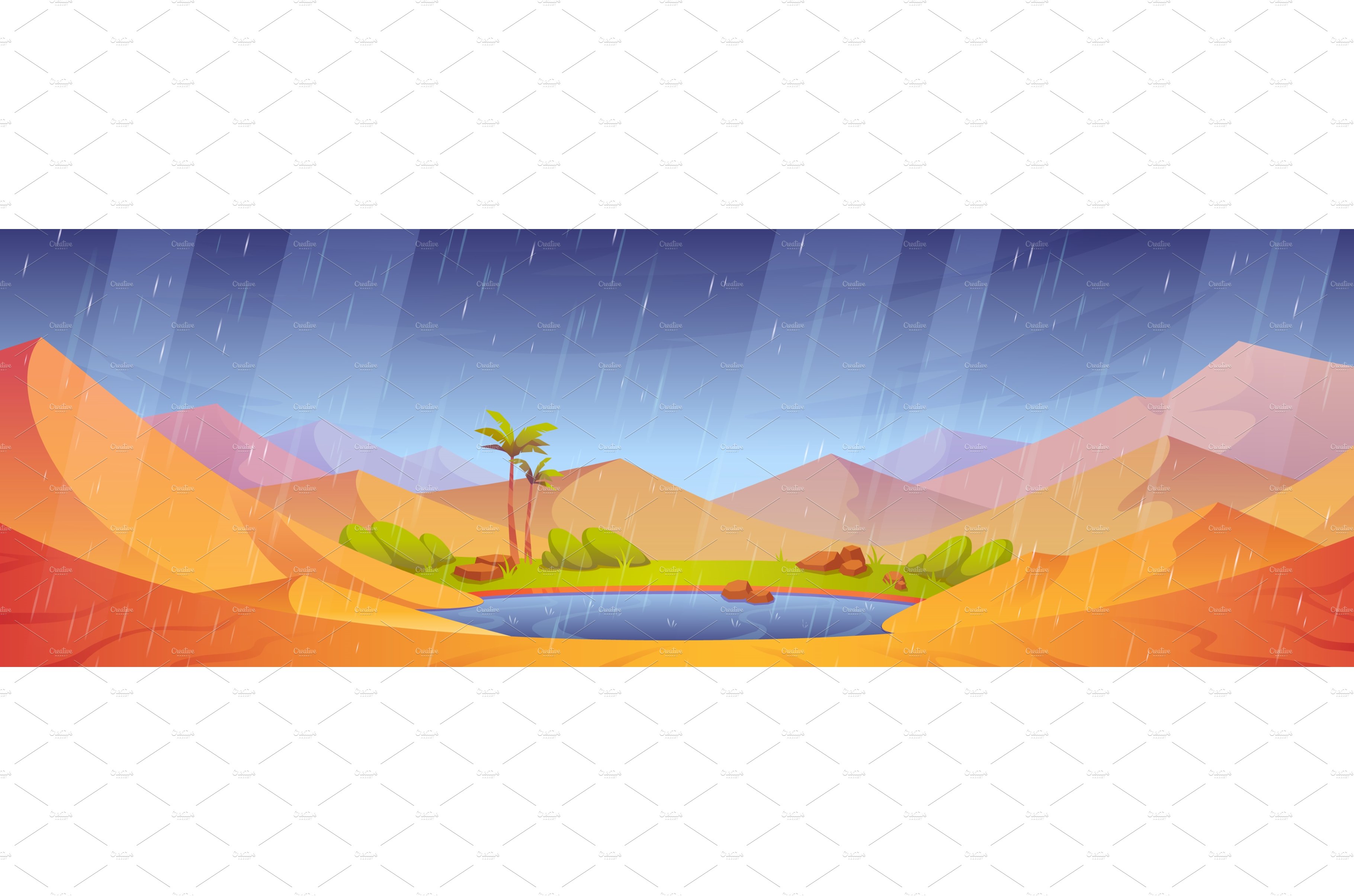 Rain in sandy desert with dunes and cover image.