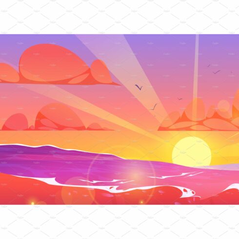 Cartoon seascape with sunset on cover image.