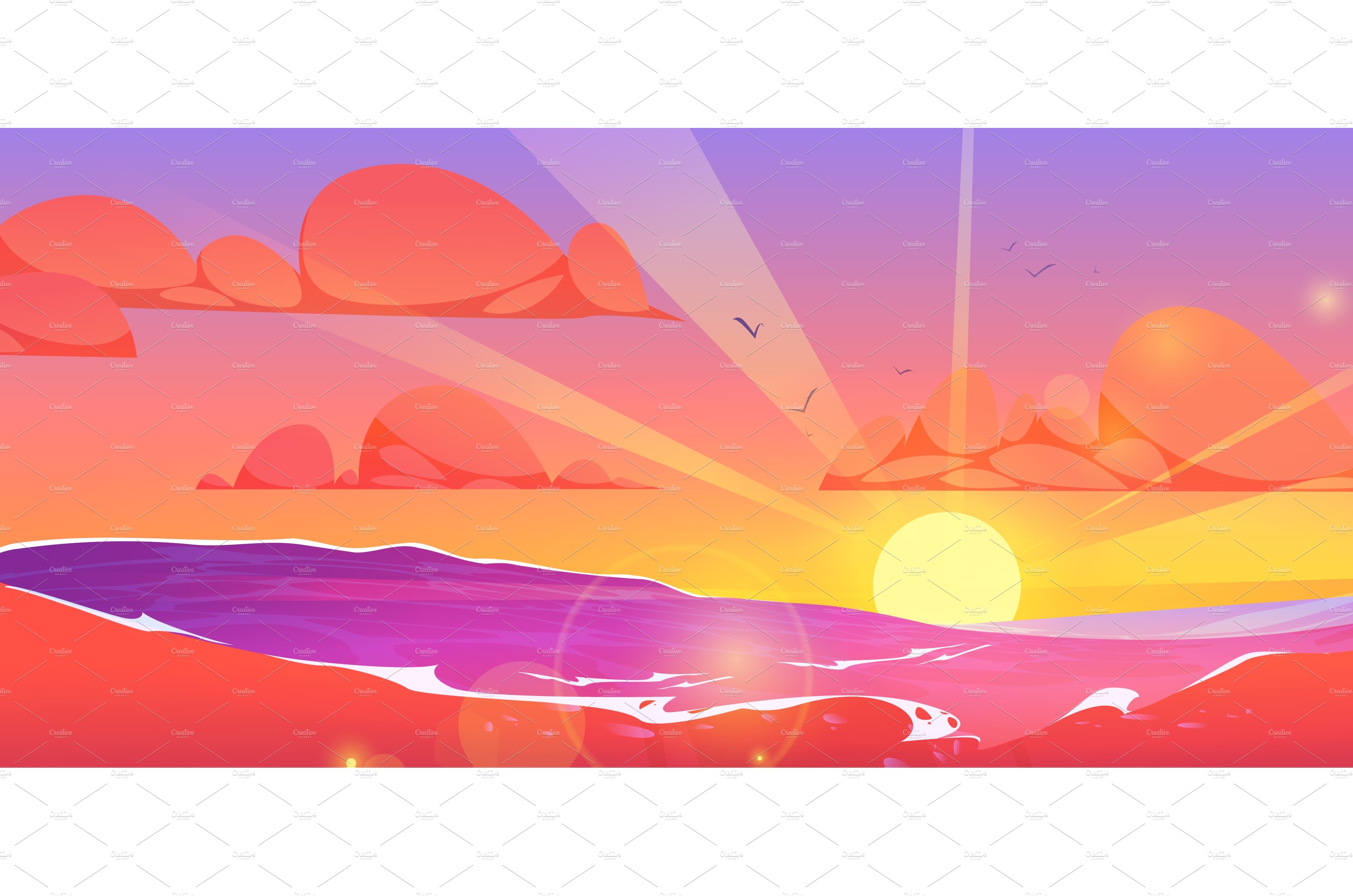 Cartoon seascape with sunset on cover image.