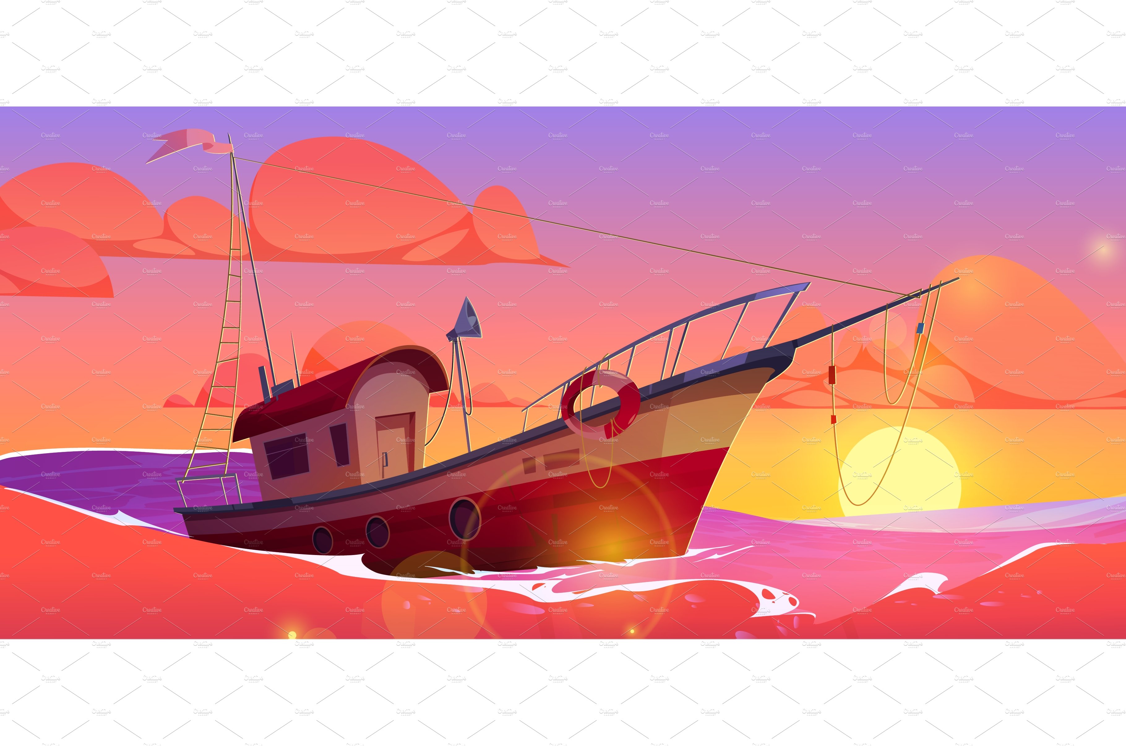 Cartoon boat floating in sea, sunset cover image.