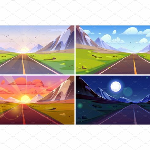 Mountain road view landscape cartoon cover image.