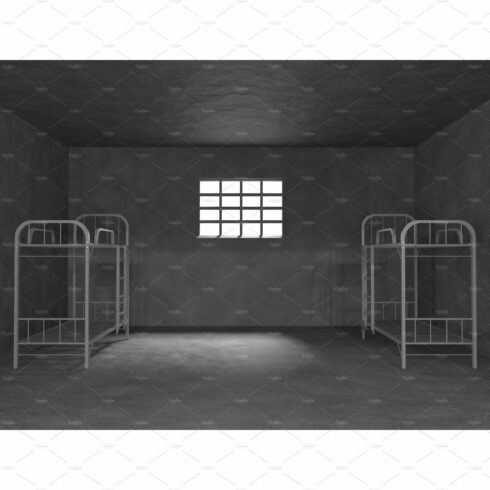 Prison cell with bunk beds and metal cover image.