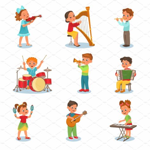 Children playing music instruments cover image.