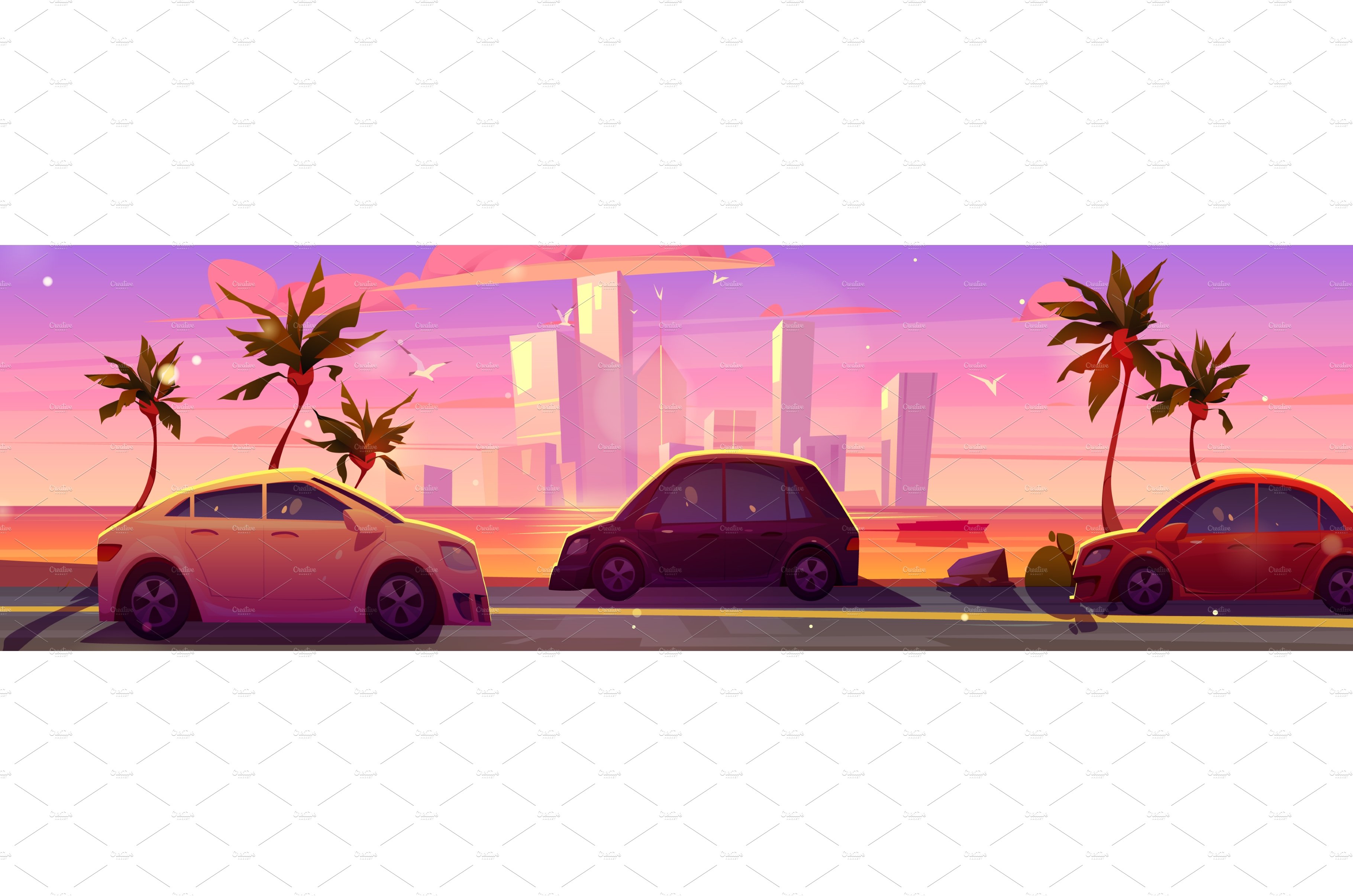 Car drive on sea road, skyscrapper cover image.