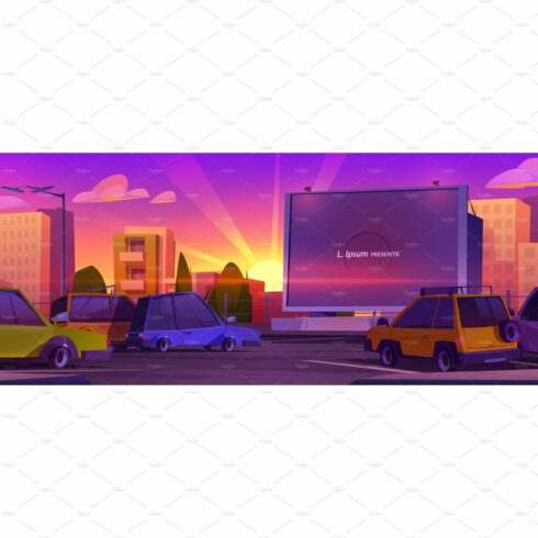 Drive-in cinema with car on sunset cover image.