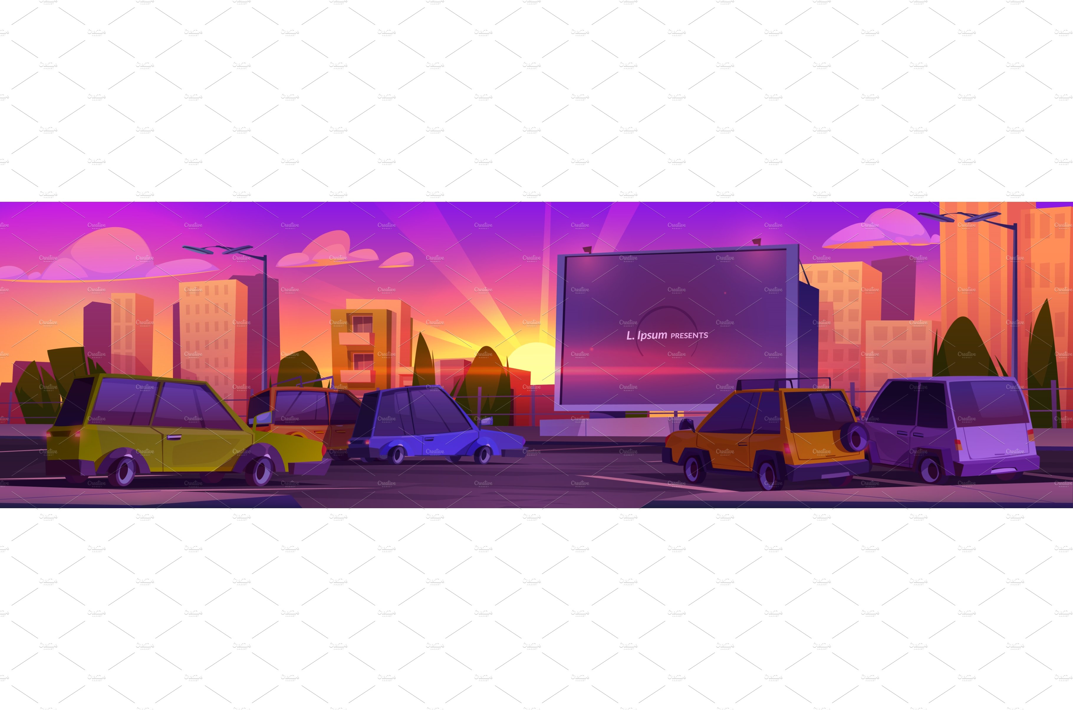 Drive-in cinema with car on sunset cover image.