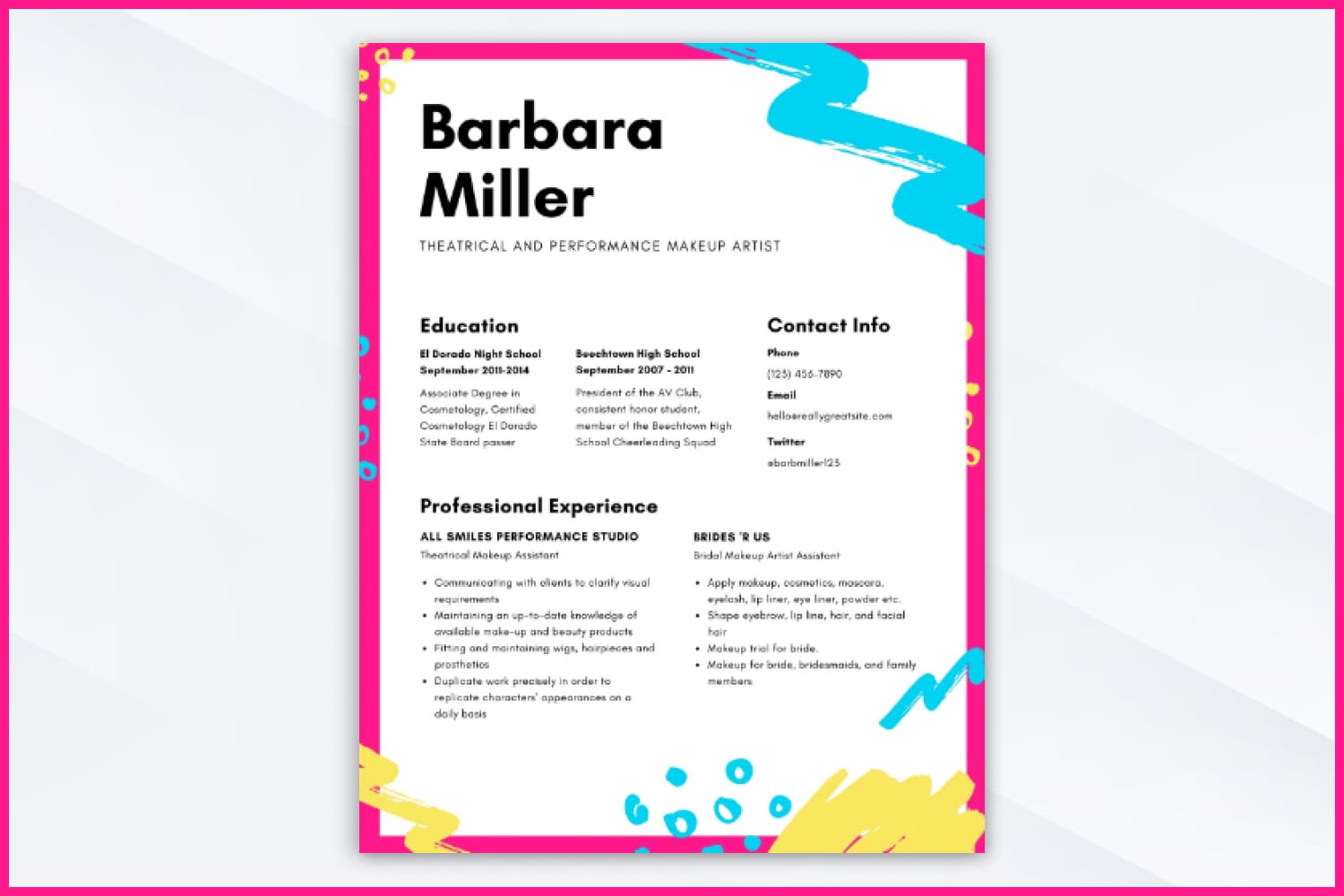 Bright colored resume with blocks of text.