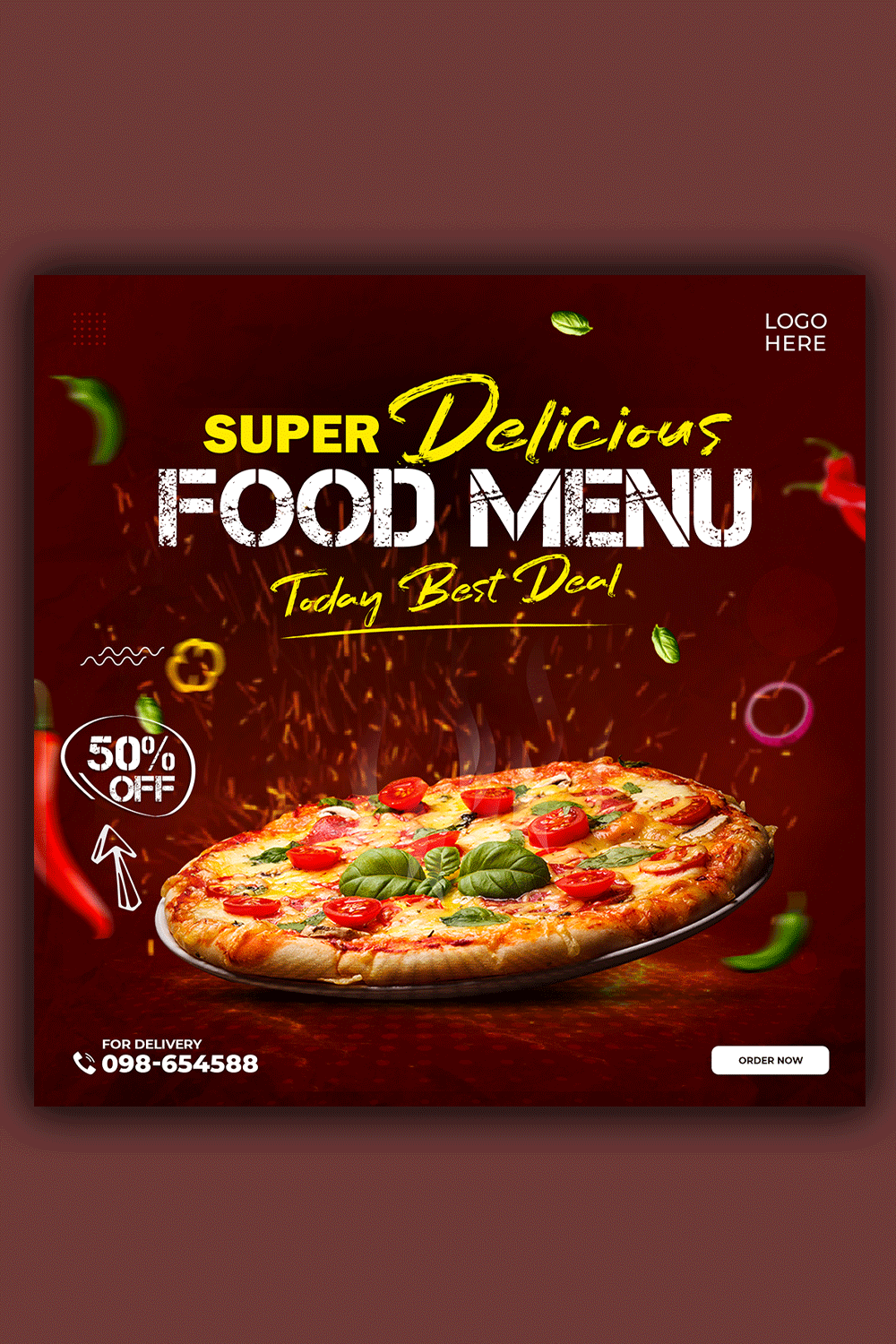 Pizza Food Social Media Poster for Instagram and Facebook template pinterest preview image.