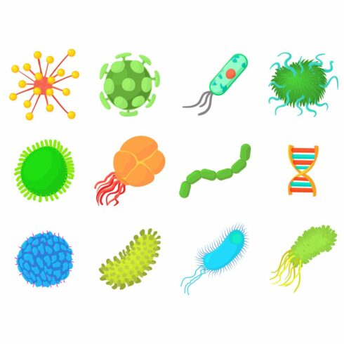 Virus icon set, cartoon style cover image.