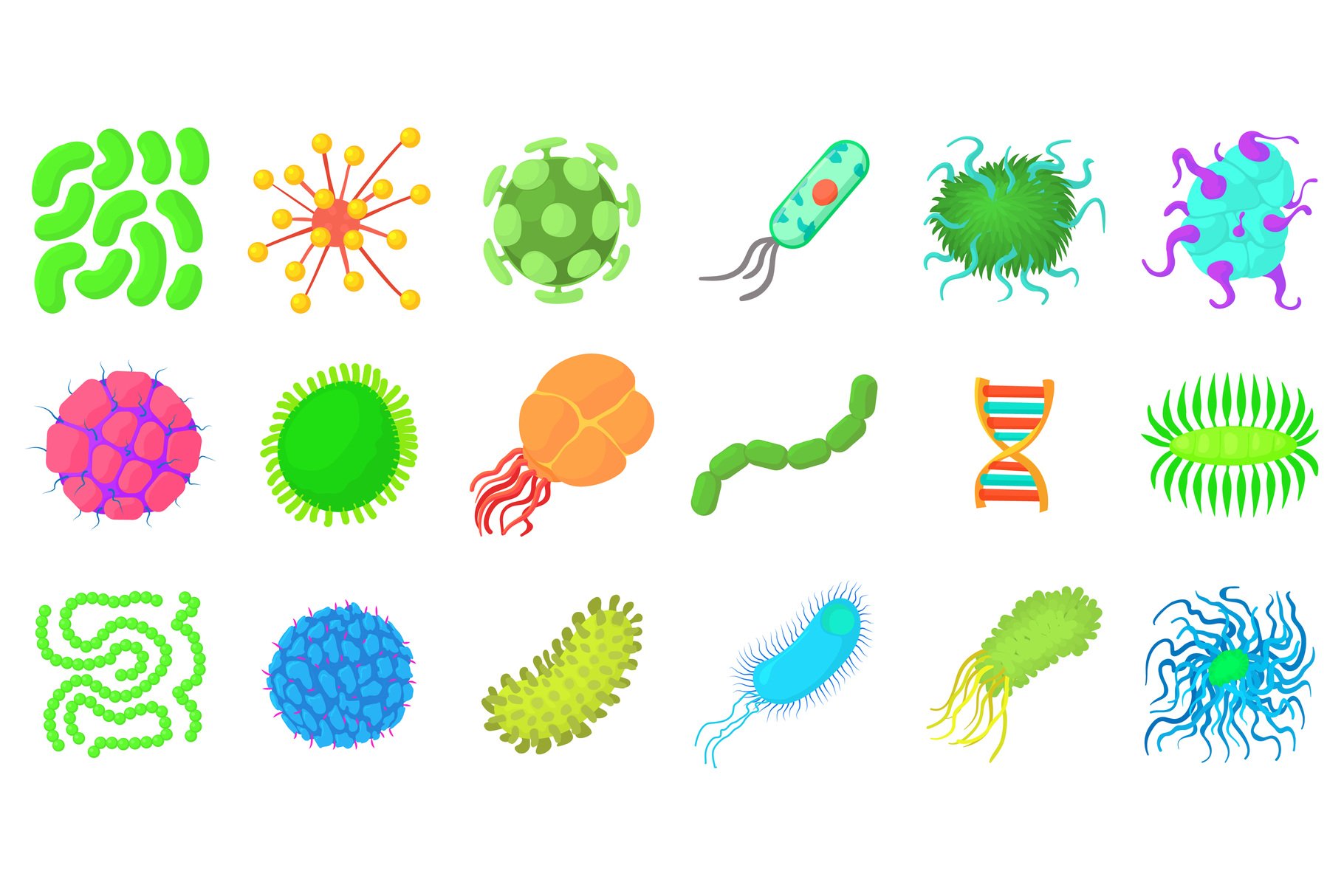 Virus icon set, cartoon style cover image.