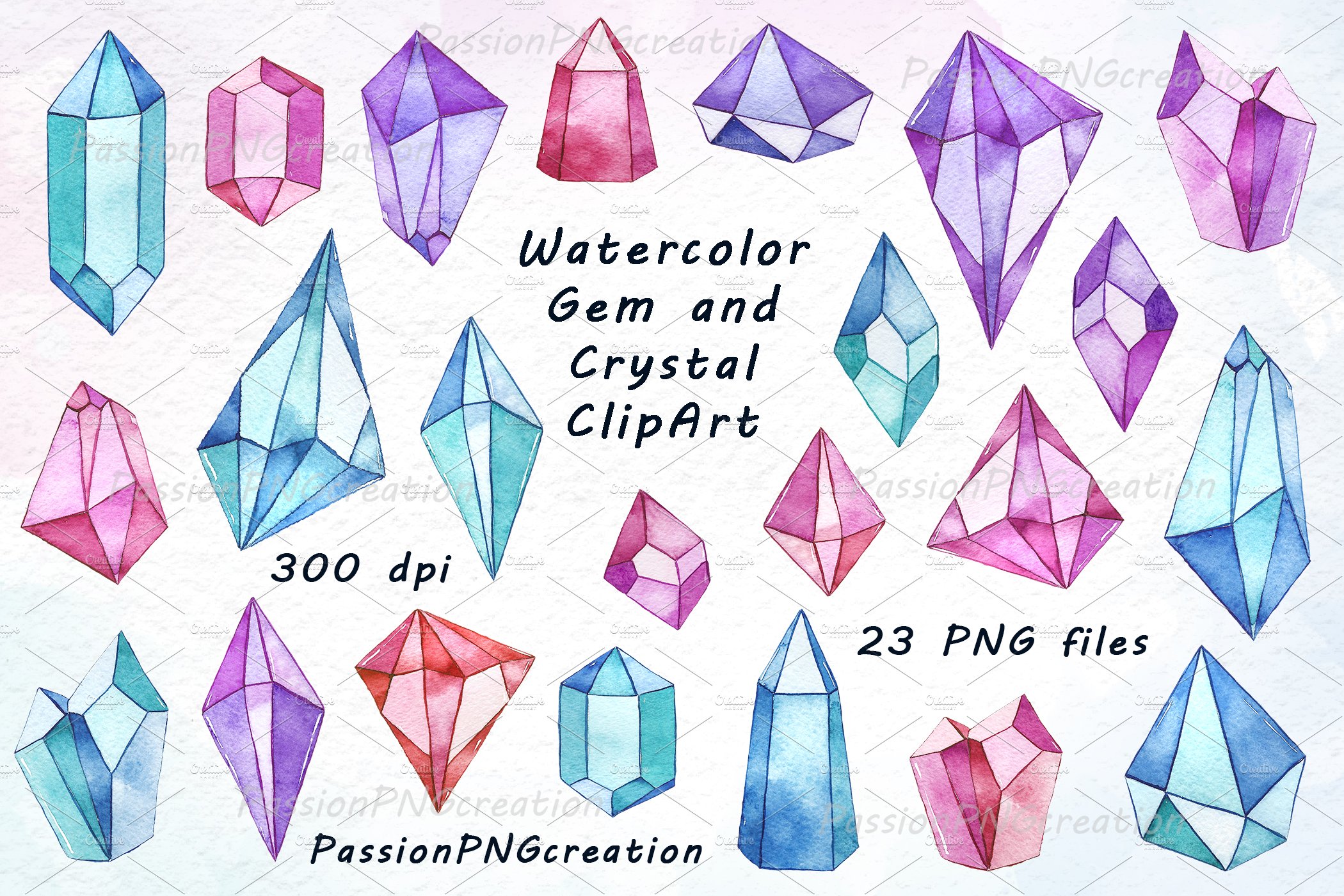 Watercolor Gems and Crystals Clipart cover image.