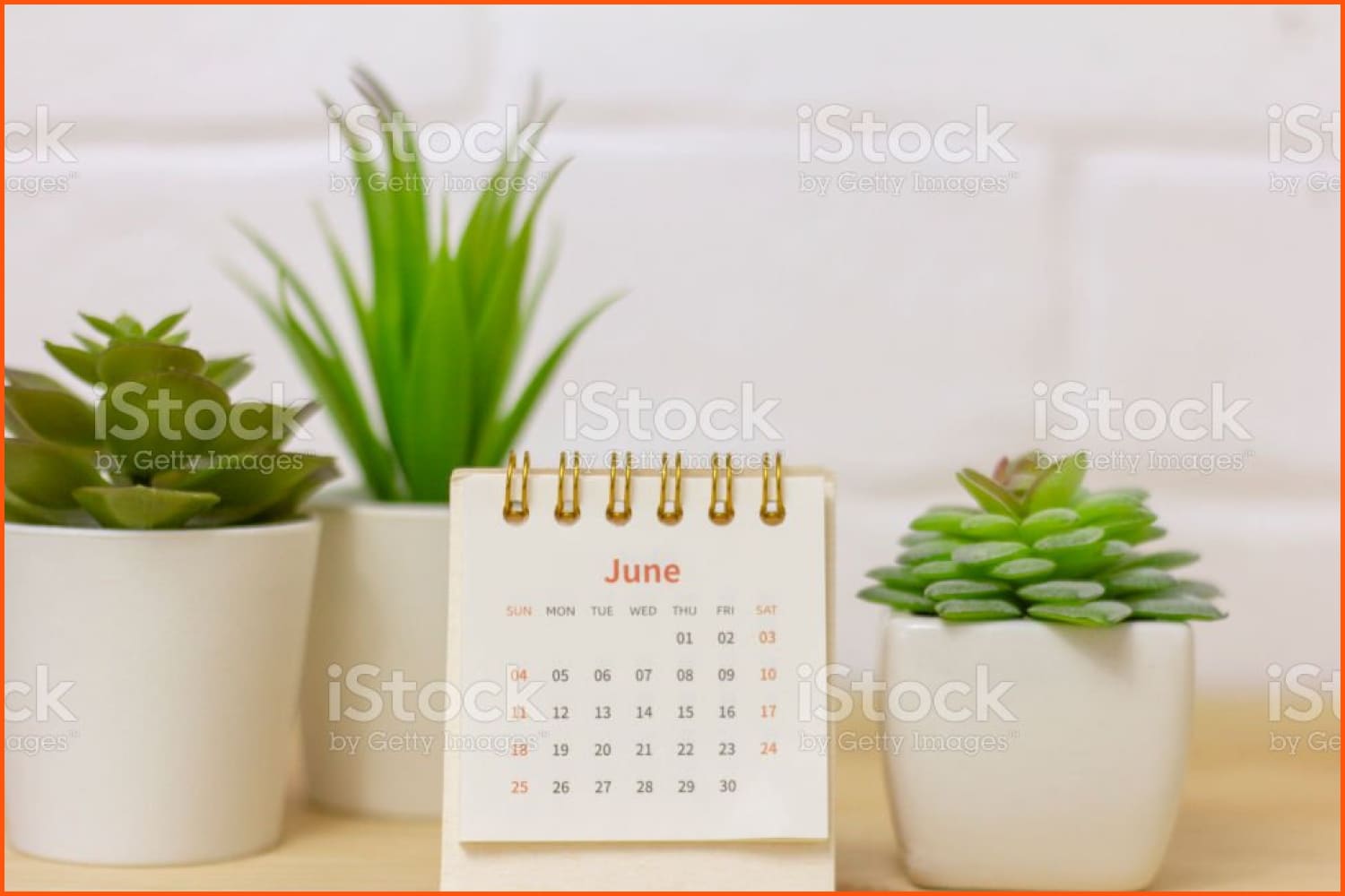 Desk calendar for June against the background of flowers in white pots.