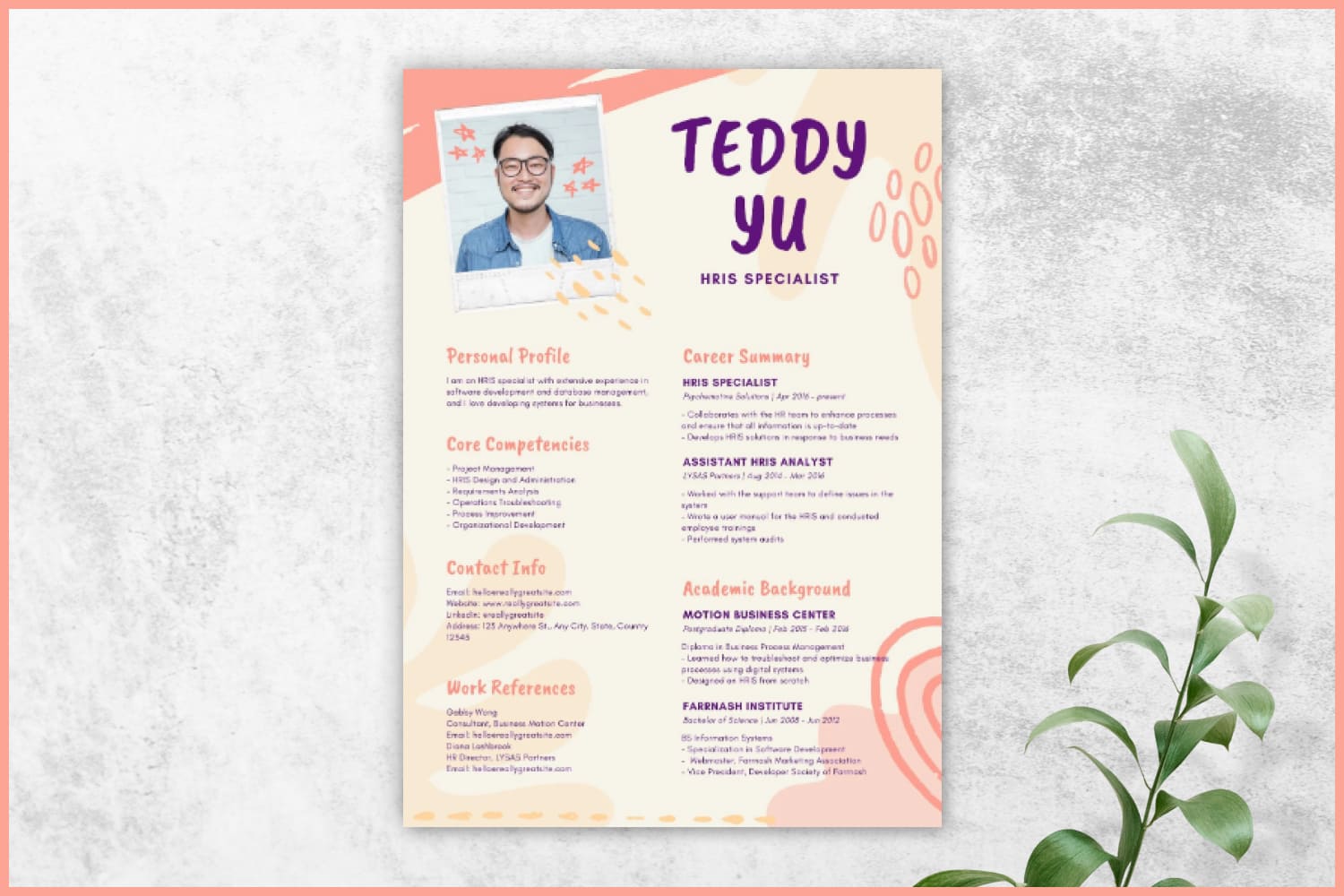 Resume in a cheerful style with a multi-colored backing.