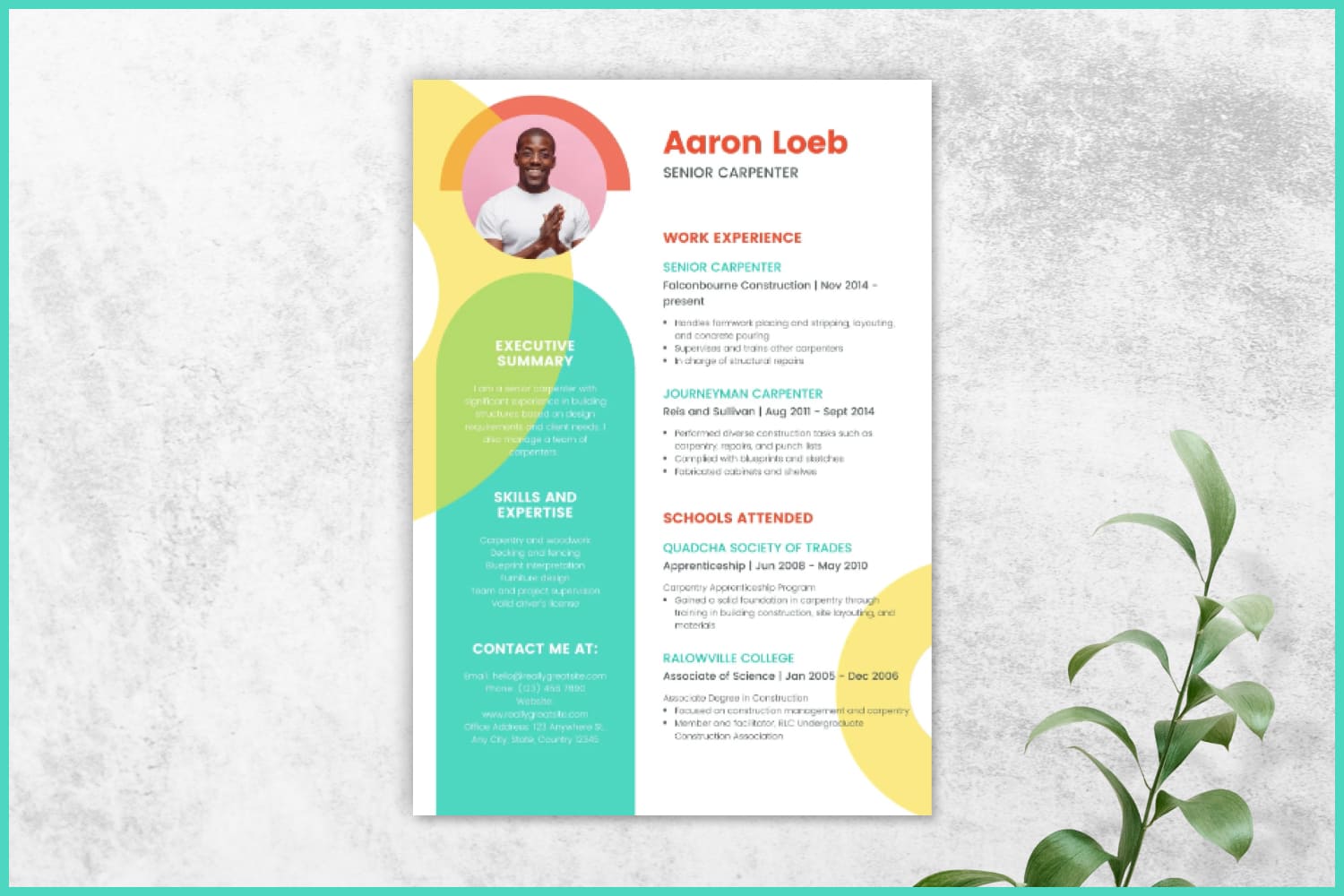 Two-column resume with green, yellow and red accents.