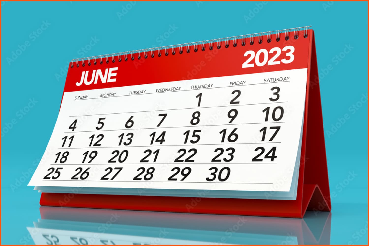Desk calendar for June with a red base on a blue background.