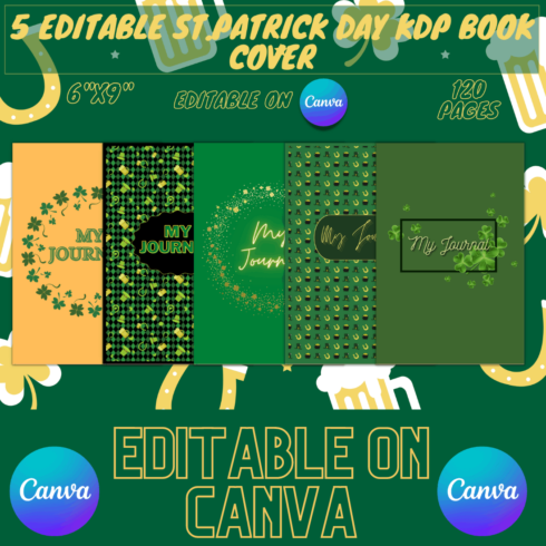 5 STPatrick’s Day Themed Editable KDP Cover templates (6”x9”),120 Pages |Editable with Canva (No Canva Pro Required) | KDP Approved | cover image.