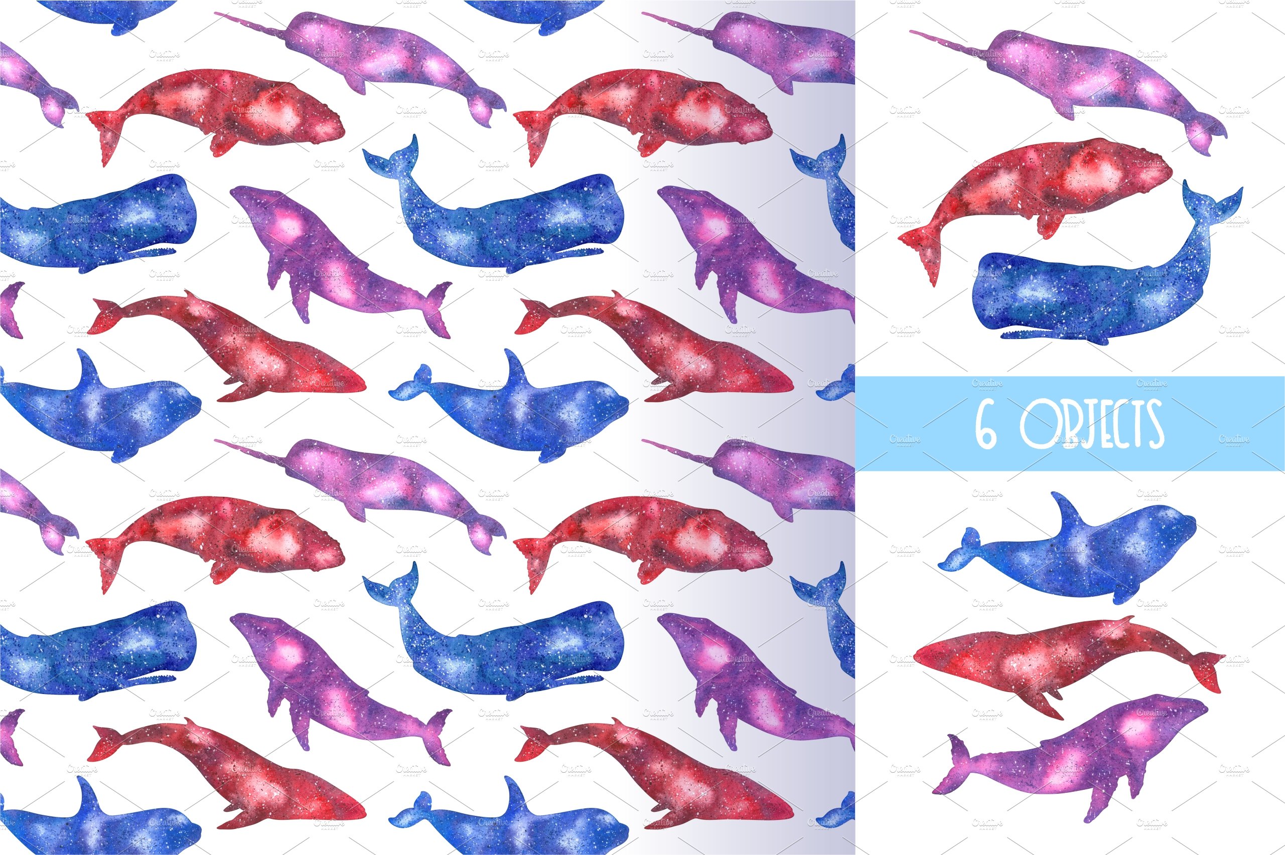 Space watercolor whales. preview image.