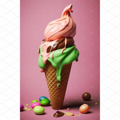 Ice cream in cone with chocolate cover image.