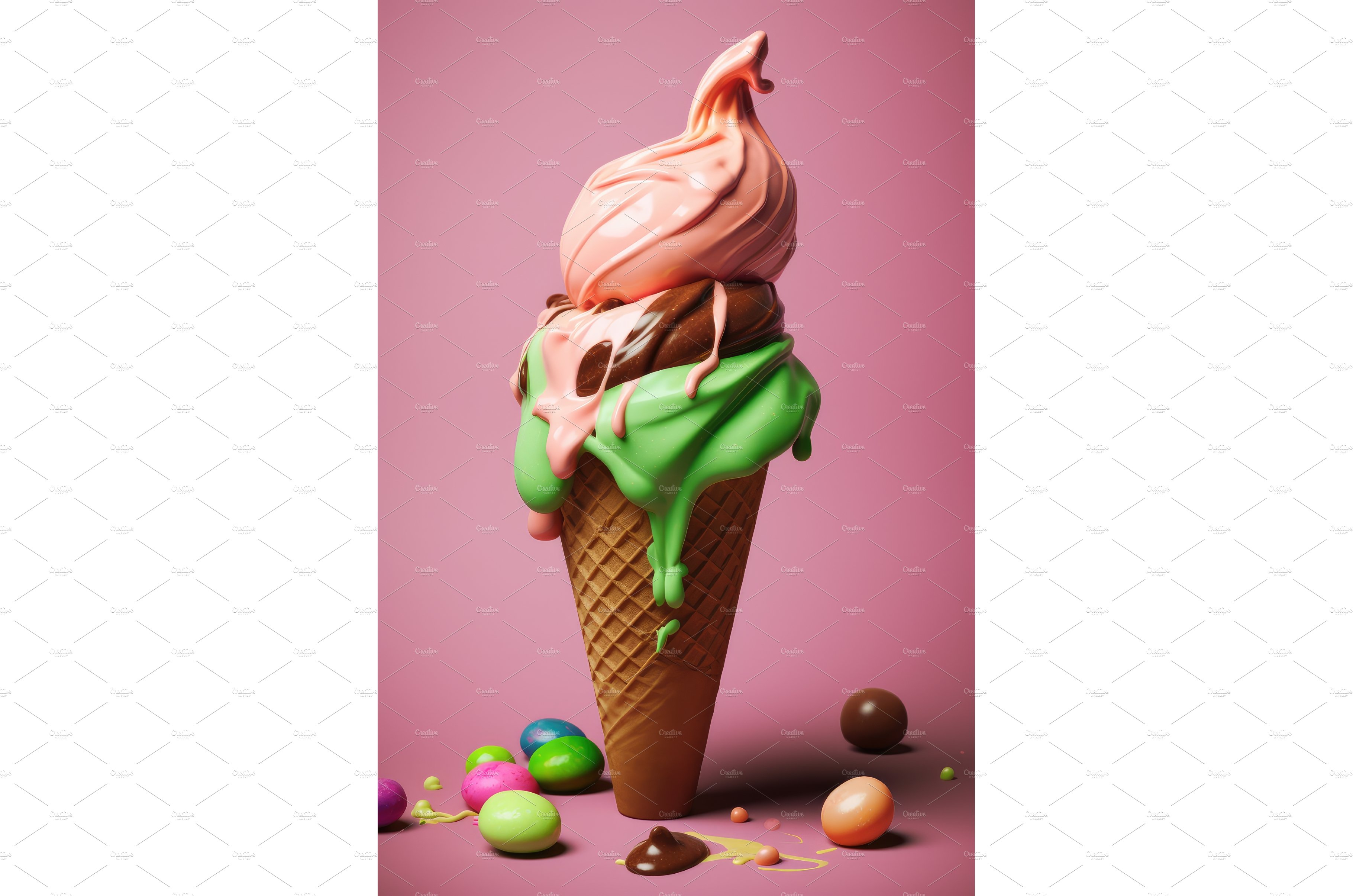 Ice cream in cone with chocolate cover image.